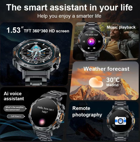 ساعة ذكية رجالية متعددة الاستخدامات بشاشة HD ومواصفات عسكرية قوية